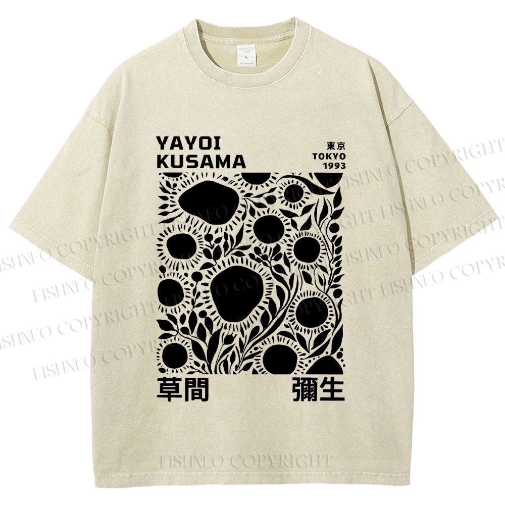 Unisex Yayoi Kusama Black Flowers Printed Washed Tee