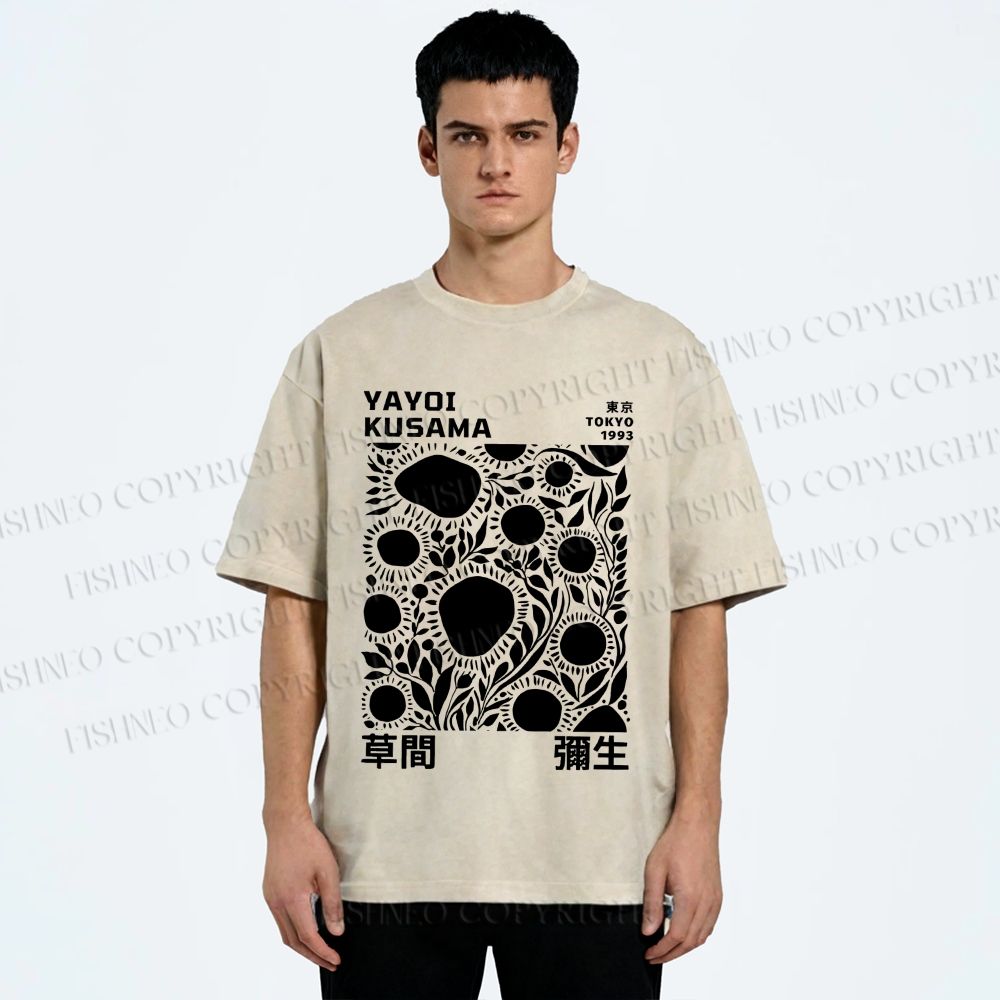 Unisex Yayoi Kusama Black Flowers Printed Washed Tee