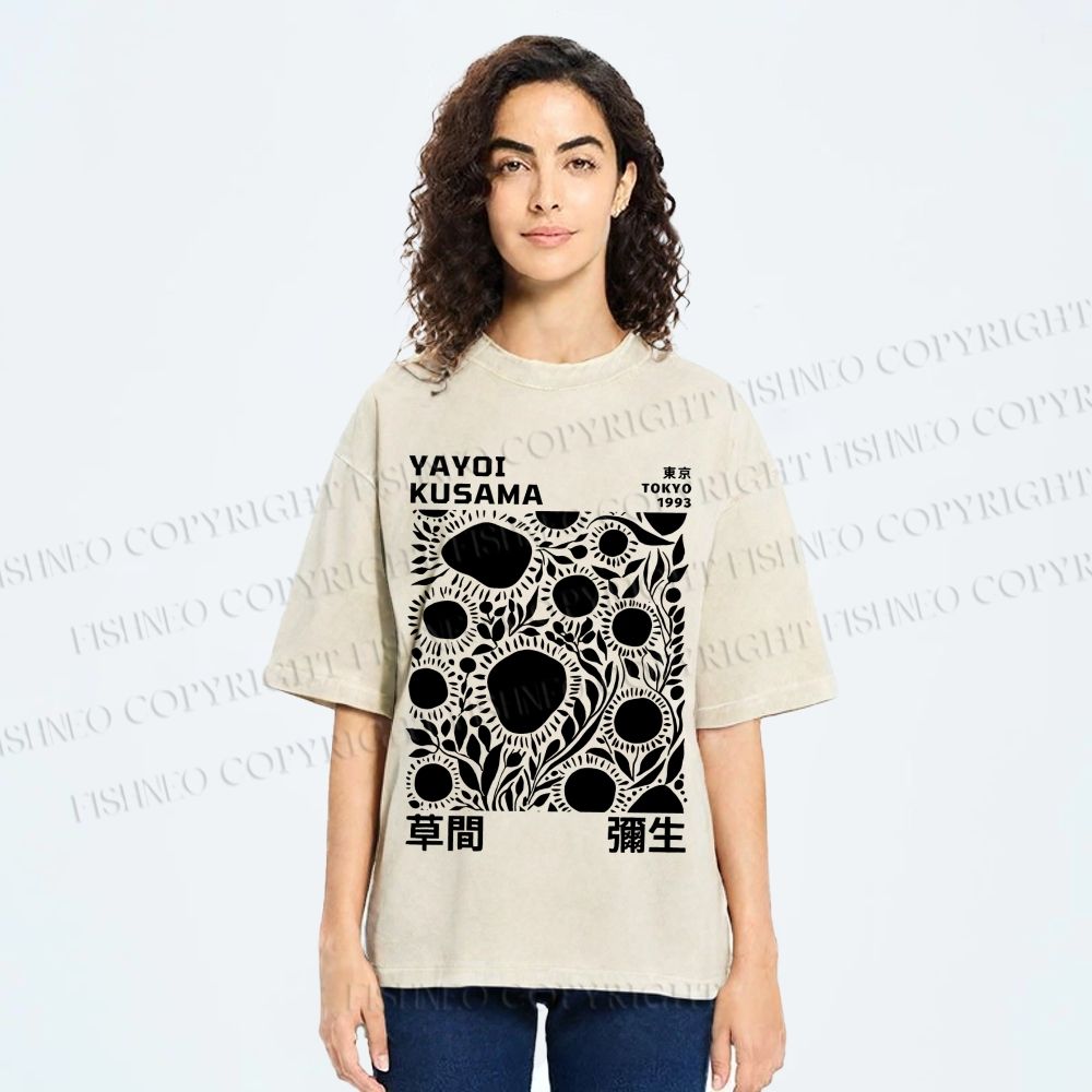 Unisex Yayoi Kusama Black Flowers Printed Washed Tee