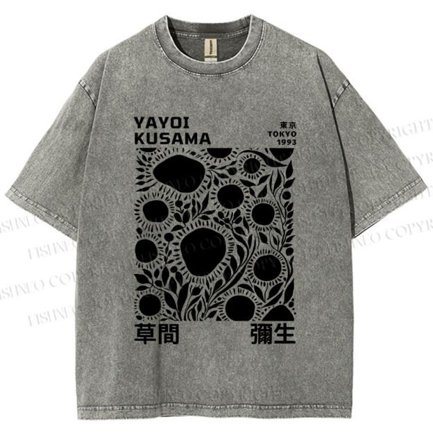 Unisex Yayoi Kusama Black Flowers Printed Washed Tee
