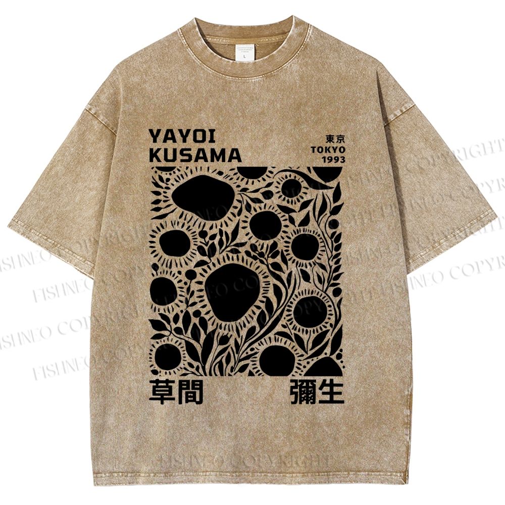 Unisex Yayoi Kusama Black Flowers Printed Washed Tee