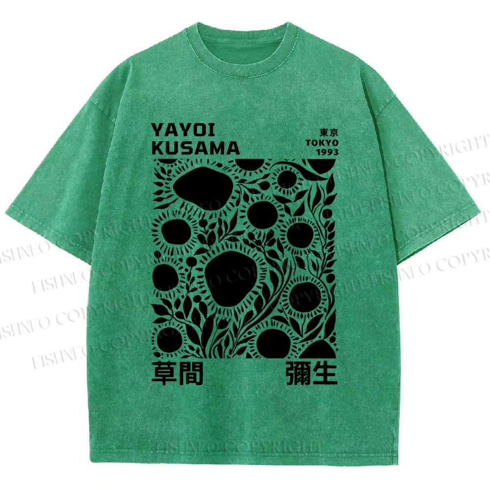 Unisex Yayoi Kusama Black Flowers Printed Washed Tee