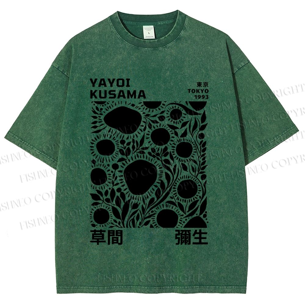 Unisex Yayoi Kusama Black Flowers Printed Washed Tee