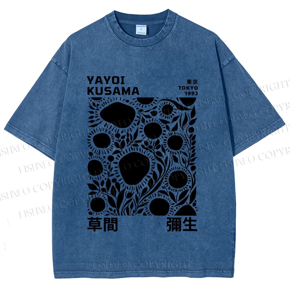 Unisex Yayoi Kusama Black Flowers Printed Washed Tee