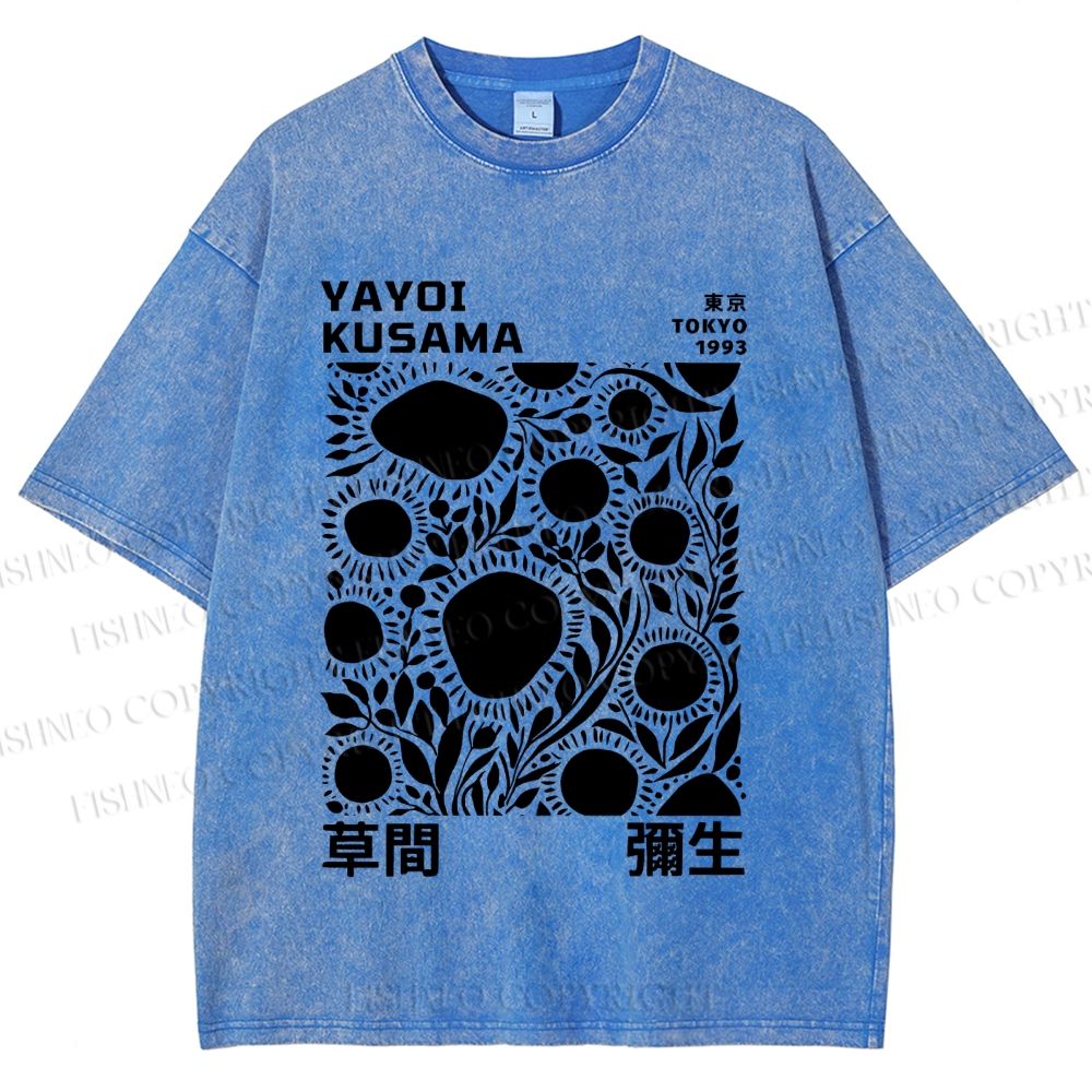 Unisex Yayoi Kusama Black Flowers Printed Washed Tee