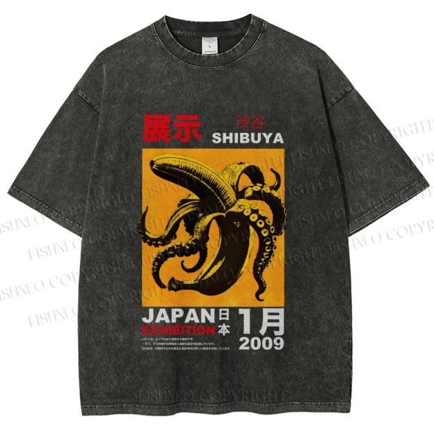 Unisex Shibuya Banana Octopus Printed Washed Tee