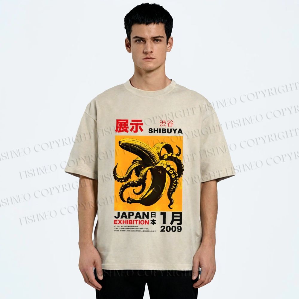 Unisex Shibuya Banana Octopus Printed Washed Tee