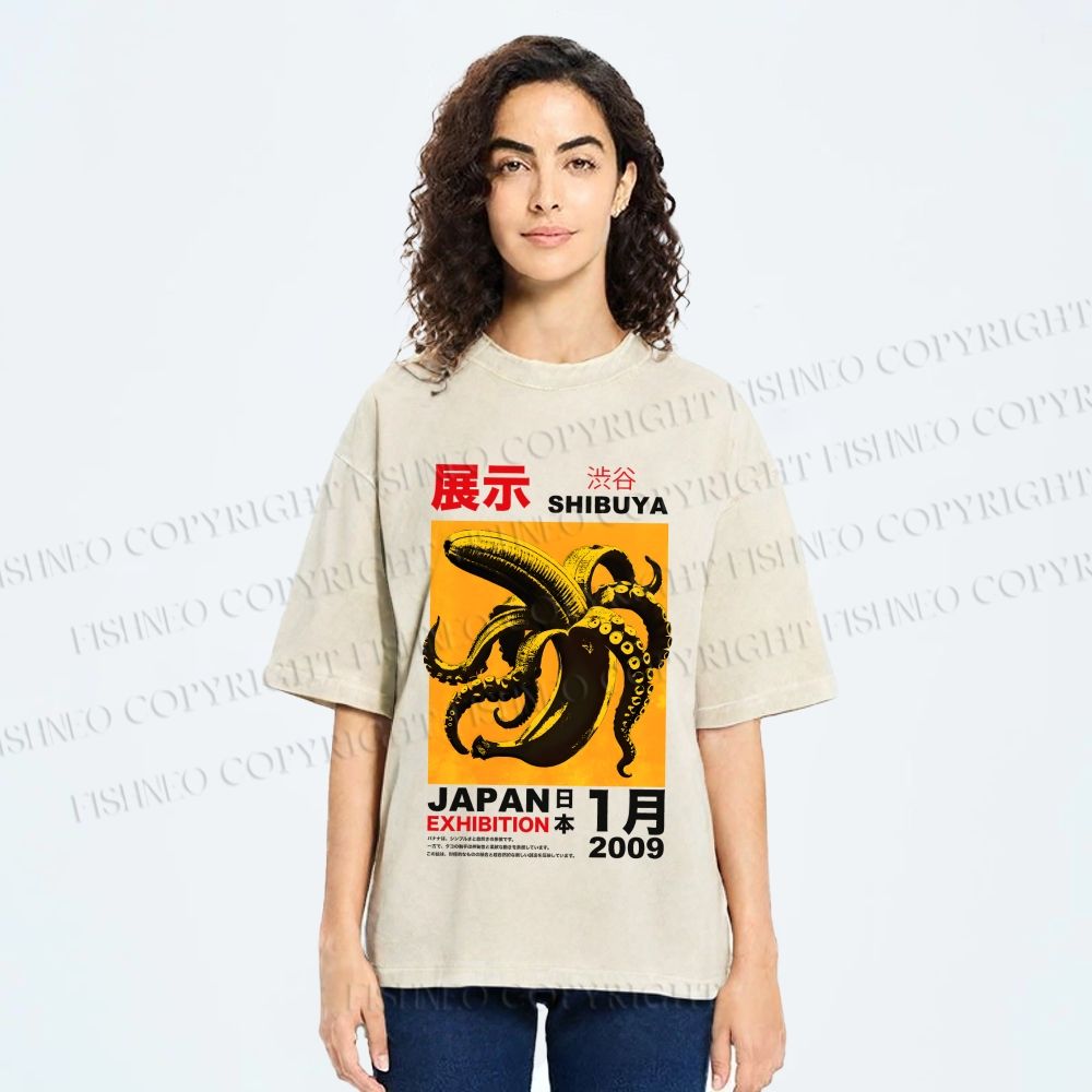 Unisex Shibuya Banana Octopus Printed Washed Tee