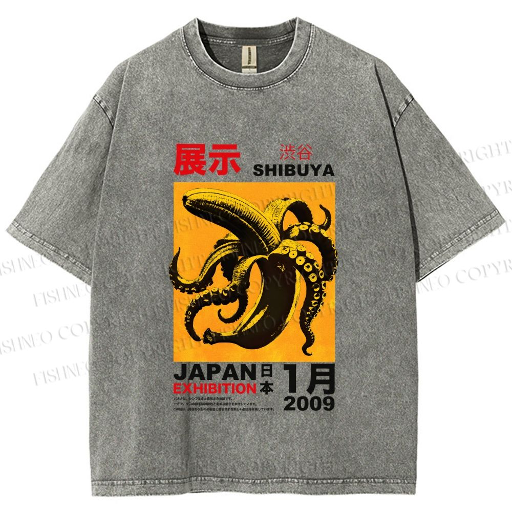 Unisex Shibuya Banana Octopus Printed Washed Tee