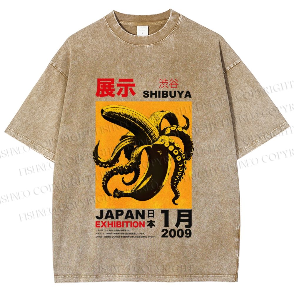 Unisex Shibuya Banana Octopus Printed Washed Tee