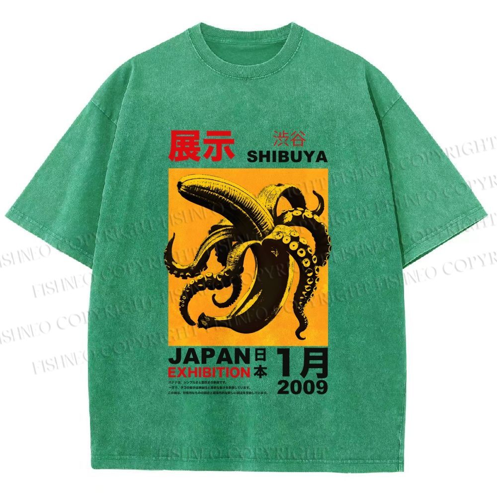 Unisex Shibuya Banana Octopus Printed Washed Tee