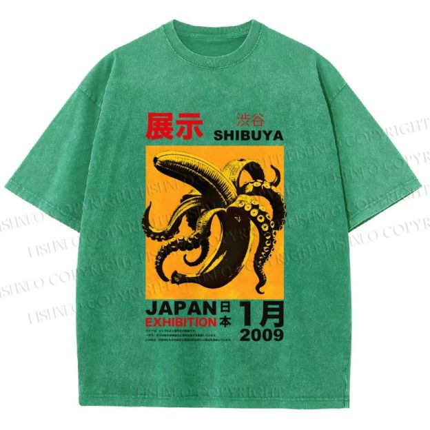 Unisex Shibuya Banana Octopus Printed Washed Tee