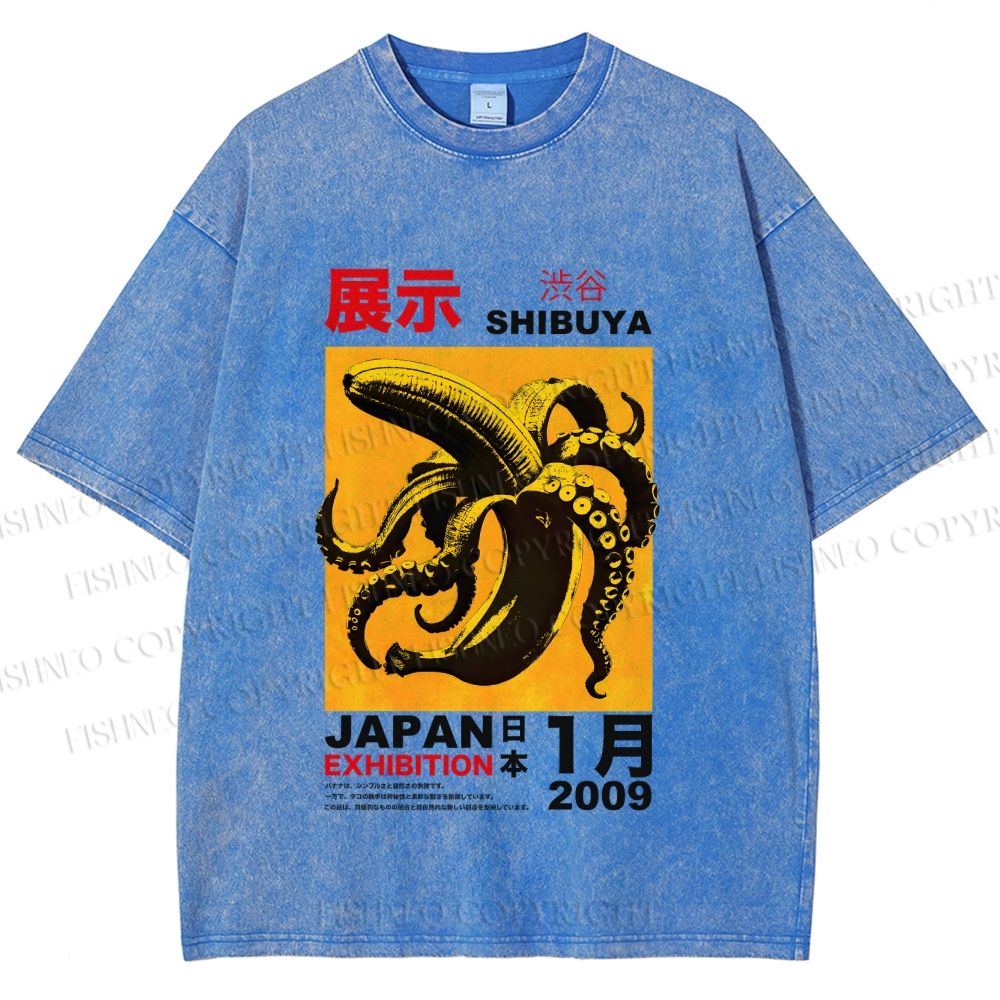 Unisex Shibuya Banana Octopus Printed Washed Tee