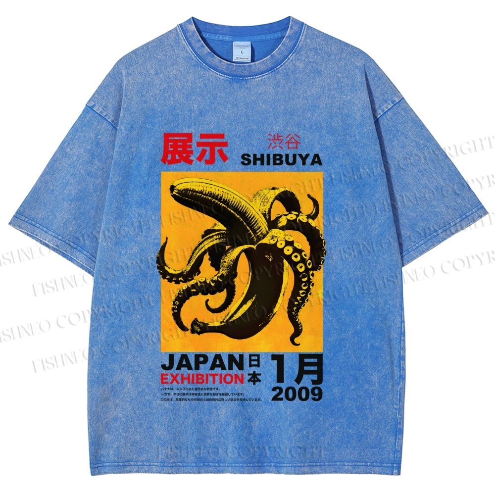 Unisex Shibuya Banana Octopus Printed Washed Tee