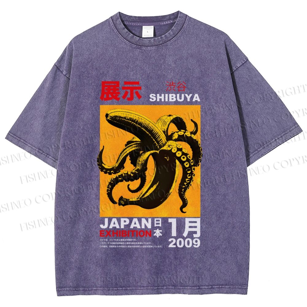Unisex Shibuya Banana Octopus Printed Washed Tee
