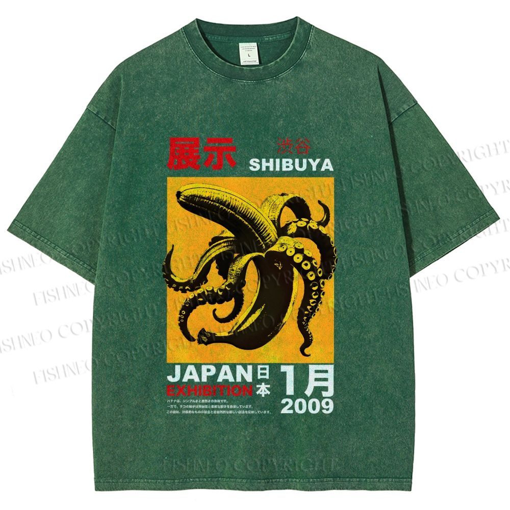 Unisex Shibuya Banana Octopus Printed Washed Tee