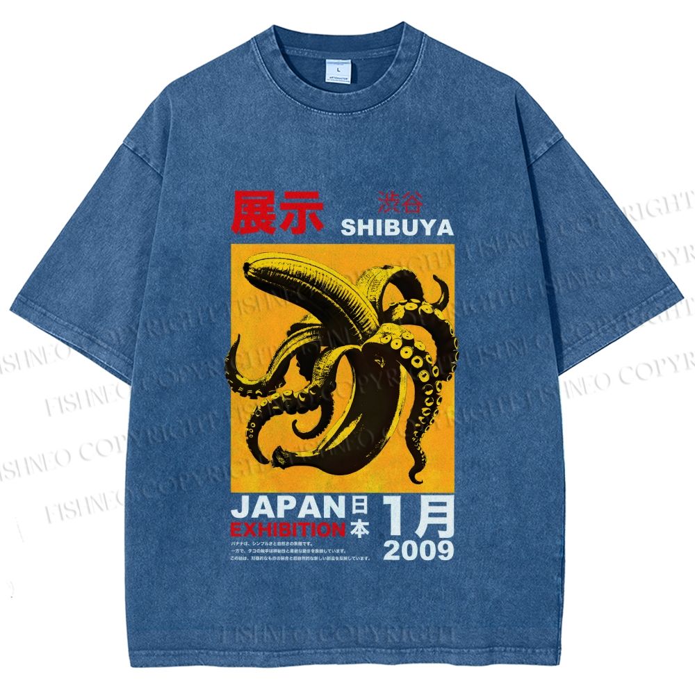 Unisex Shibuya Banana Octopus Printed Washed Tee