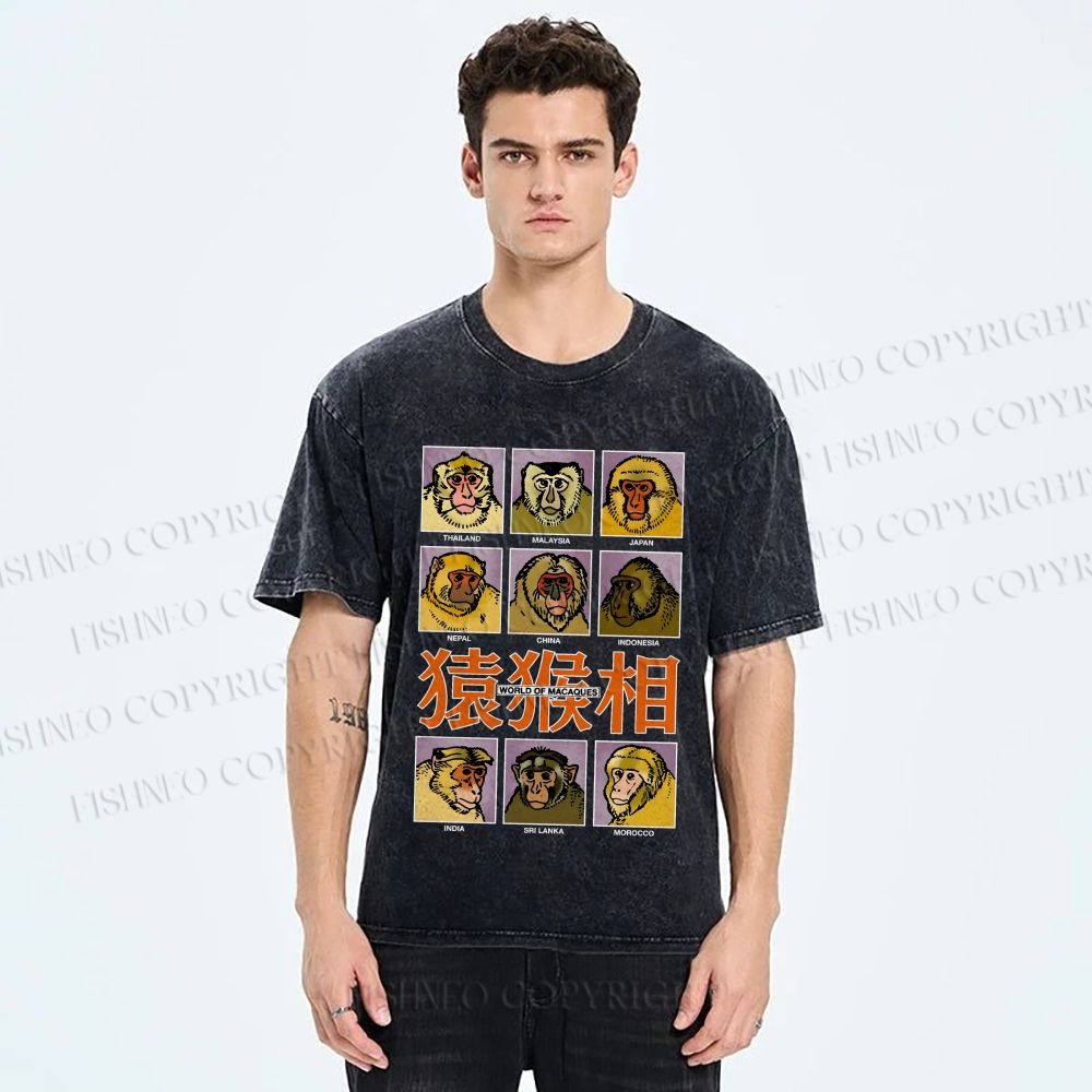 Unisex World of Macaques Printed Washed Tee