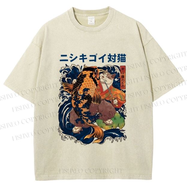 Unisex Harajuku Samurai Cat Koi Fish Printed Washed Tee