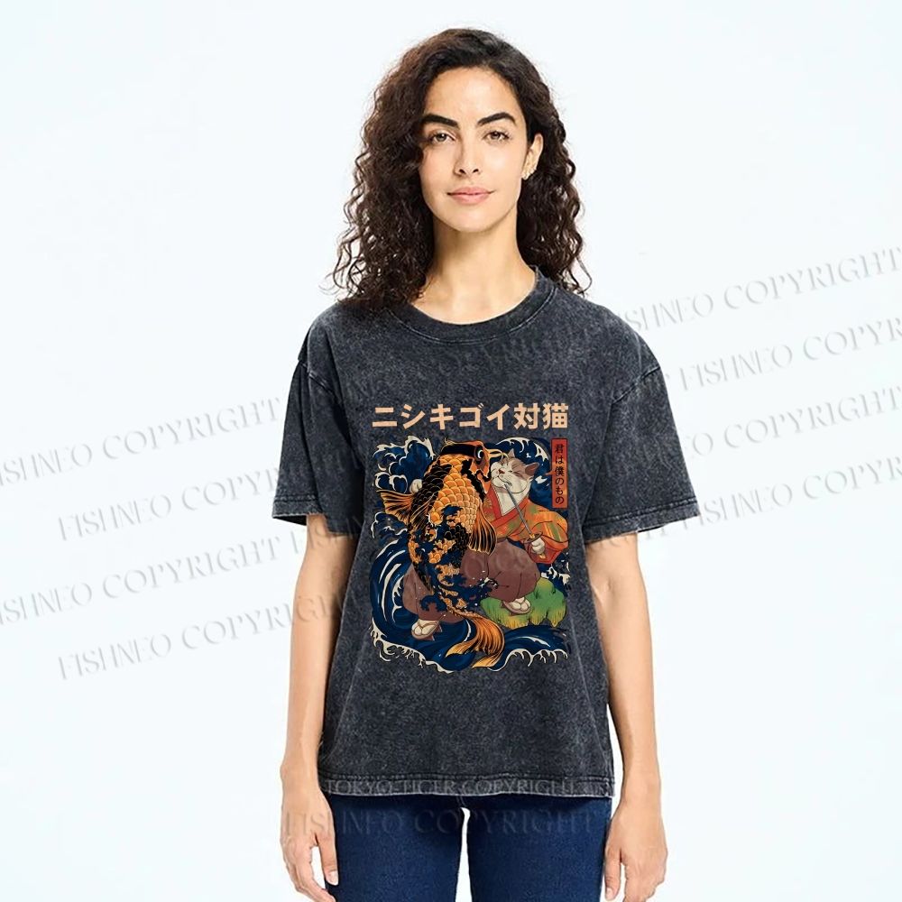 Unisex Harajuku Samurai Cat Koi Fish Printed Washed Tee