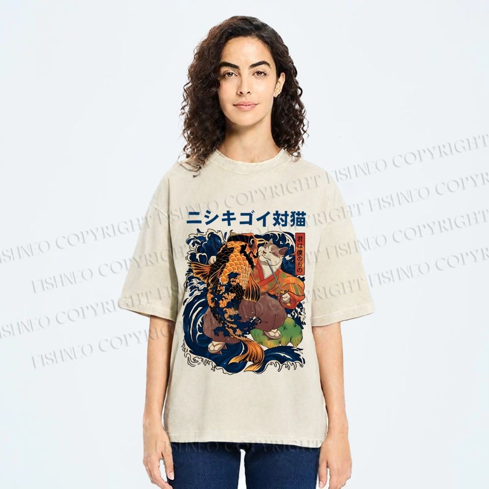 Unisex Harajuku Samurai Cat Koi Fish Printed Washed Tee