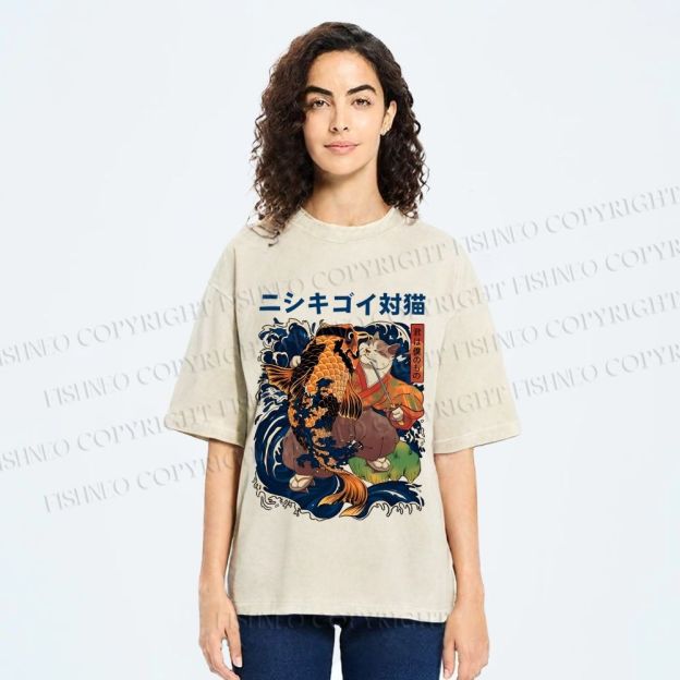 Unisex Harajuku Samurai Cat Koi Fish Printed Washed Tee