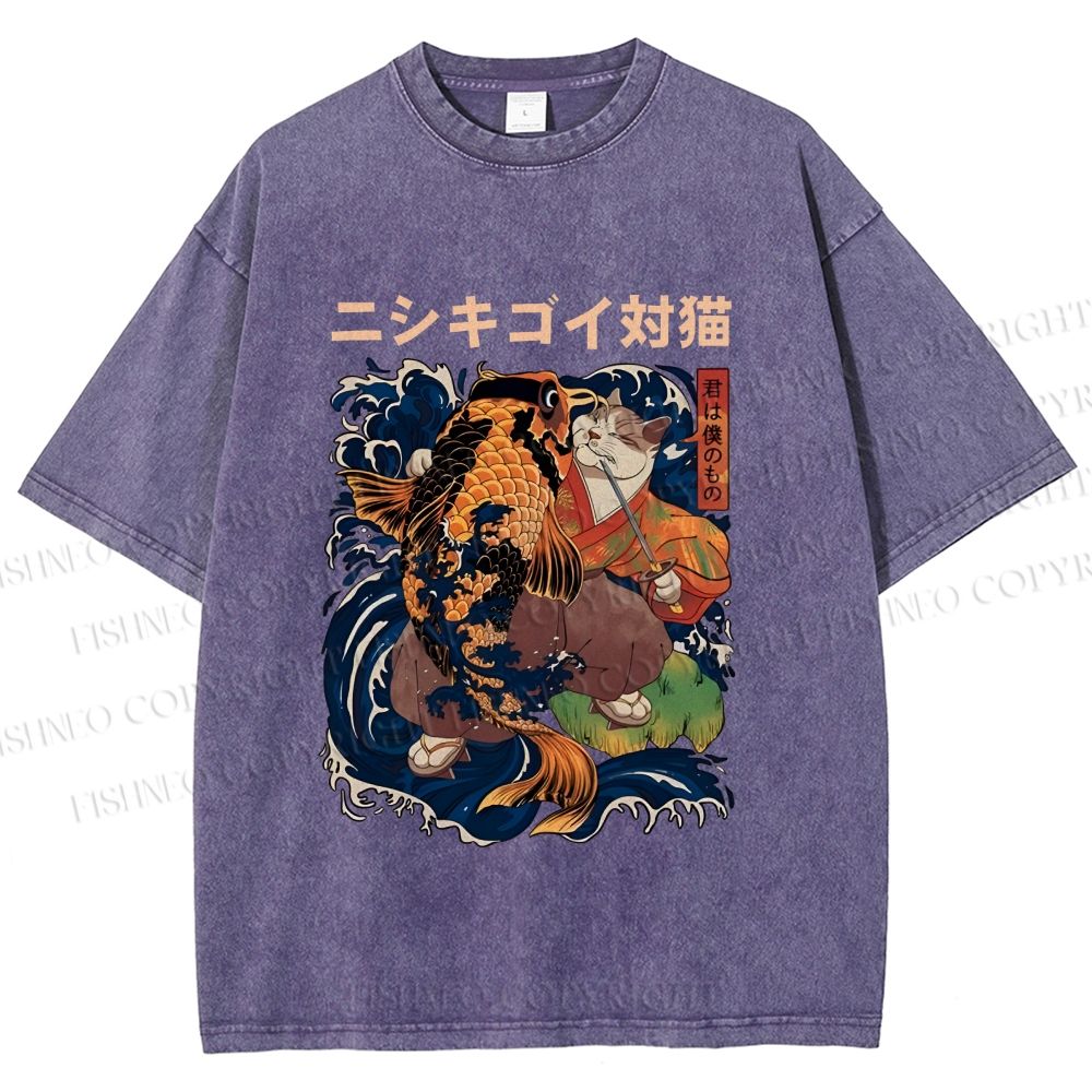Unisex Harajuku Samurai Cat Koi Fish Printed Washed Tee
