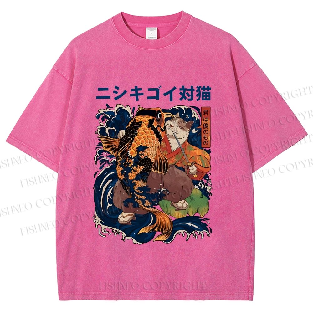 Unisex Harajuku Samurai Cat Koi Fish Printed Washed Tee