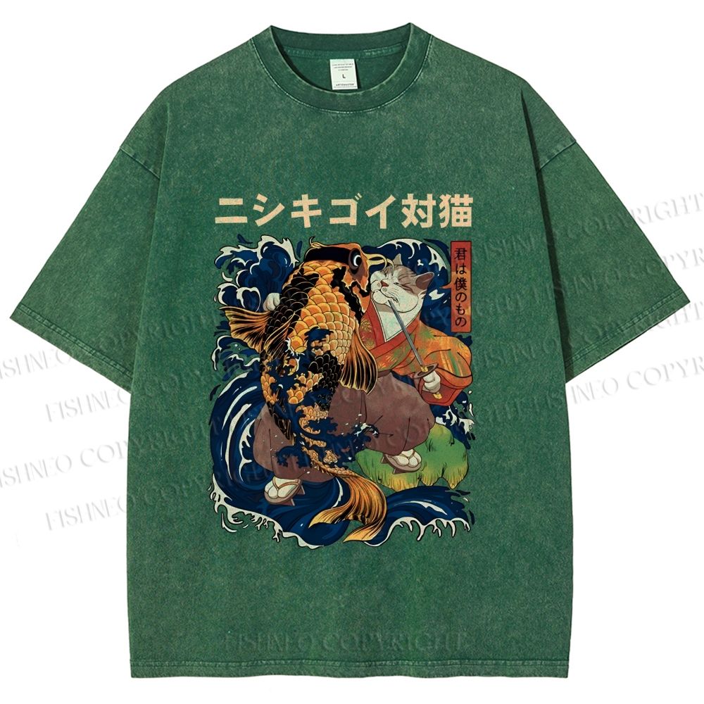 Unisex Harajuku Samurai Cat Koi Fish Printed Washed Tee
