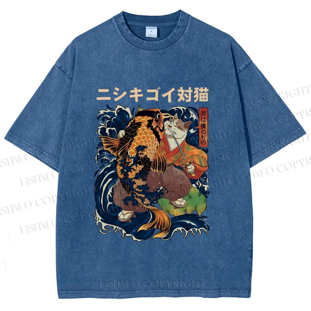 Unisex Harajuku Samurai Cat Koi Fish Printed Washed Tee