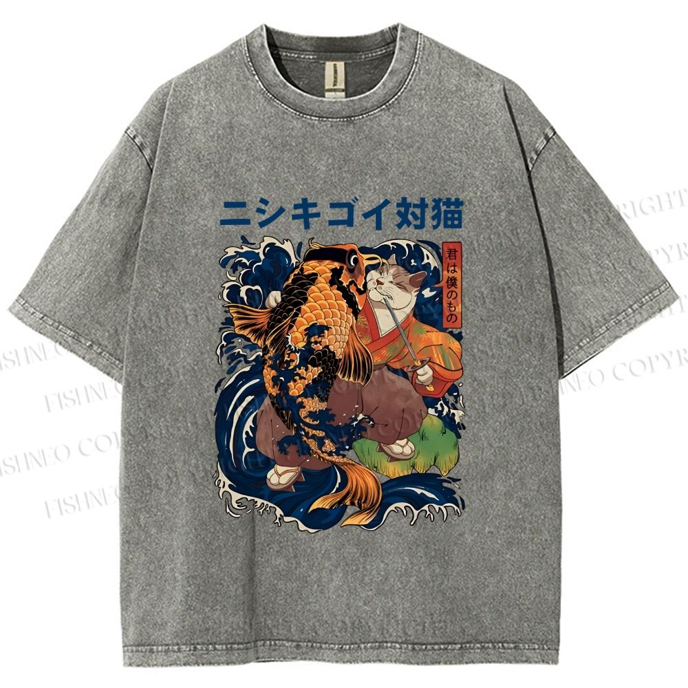 Unisex Harajuku Samurai Cat Koi Fish Printed Washed Tee