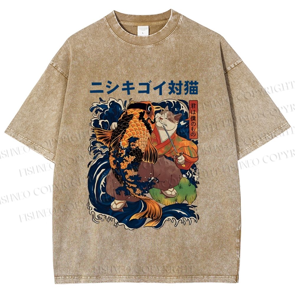Unisex Harajuku Samurai Cat Koi Fish Printed Washed Tee
