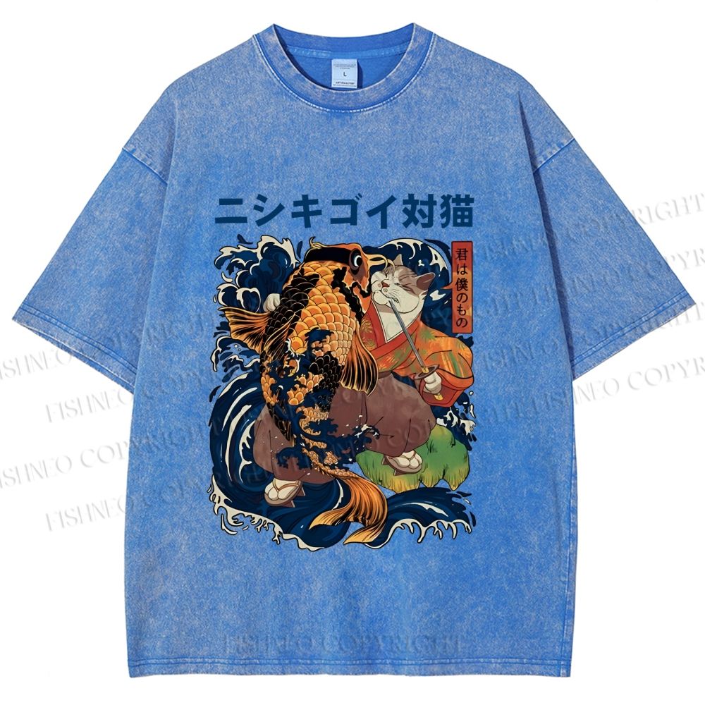 Unisex Harajuku Samurai Cat Koi Fish Printed Washed Tee