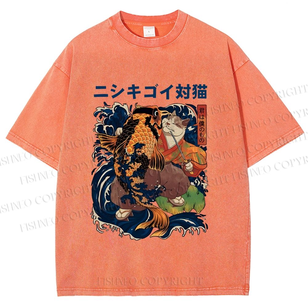 Unisex Harajuku Samurai Cat Koi Fish Printed Washed Tee