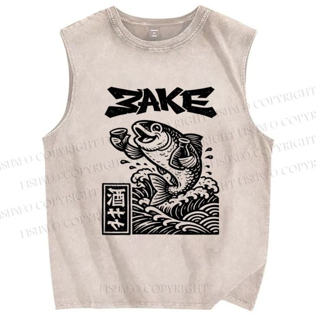 Unisex Sake Carp Printed Washed Tank Top