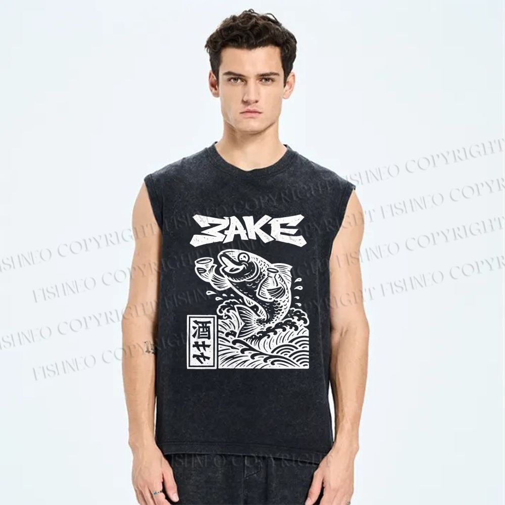 Unisex Sake Carp Printed Washed Tank Top