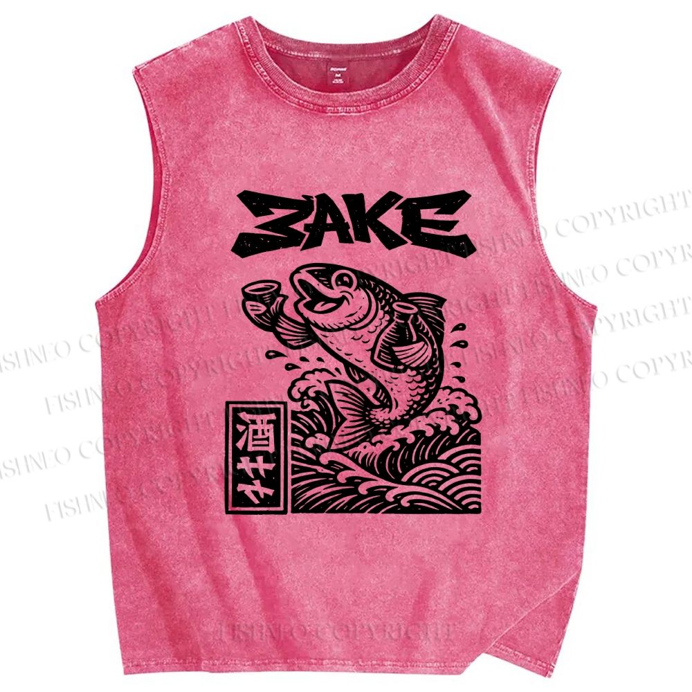 Unisex Sake Carp Printed Washed Tank Top