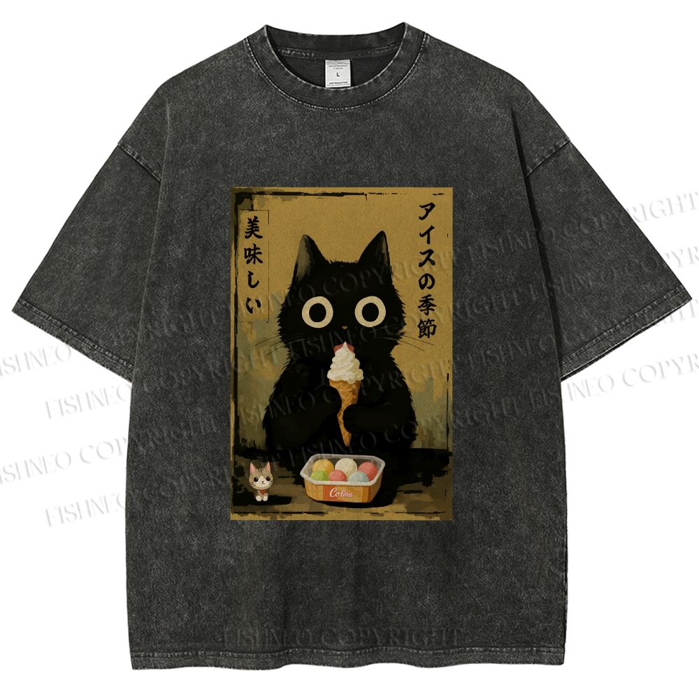 Unisex Ice Cream Season Cat Printed Washed Tee