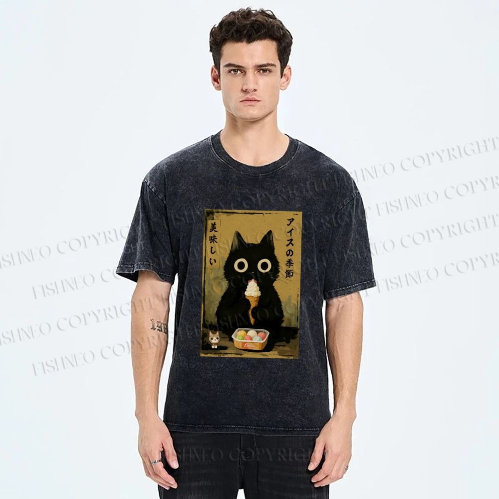 Unisex Ice Cream Season Cat Printed Washed Tee