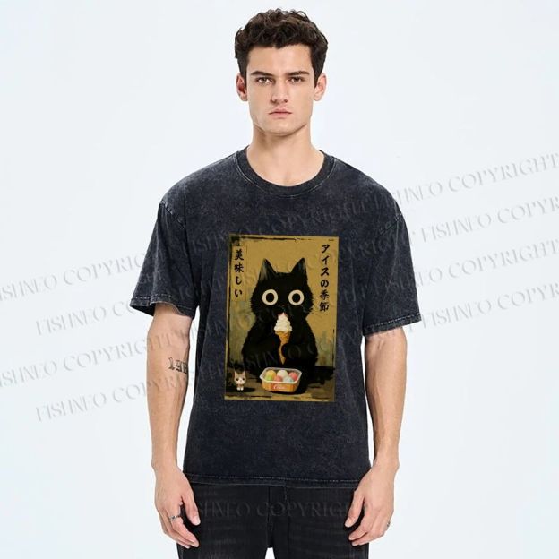 Unisex Ice Cream Season Cat Printed Washed Tee