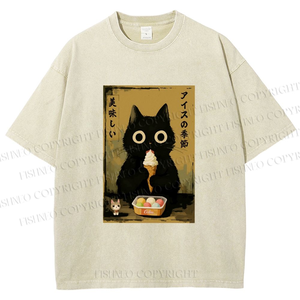 Unisex Ice Cream Season Cat Printed Washed Tee