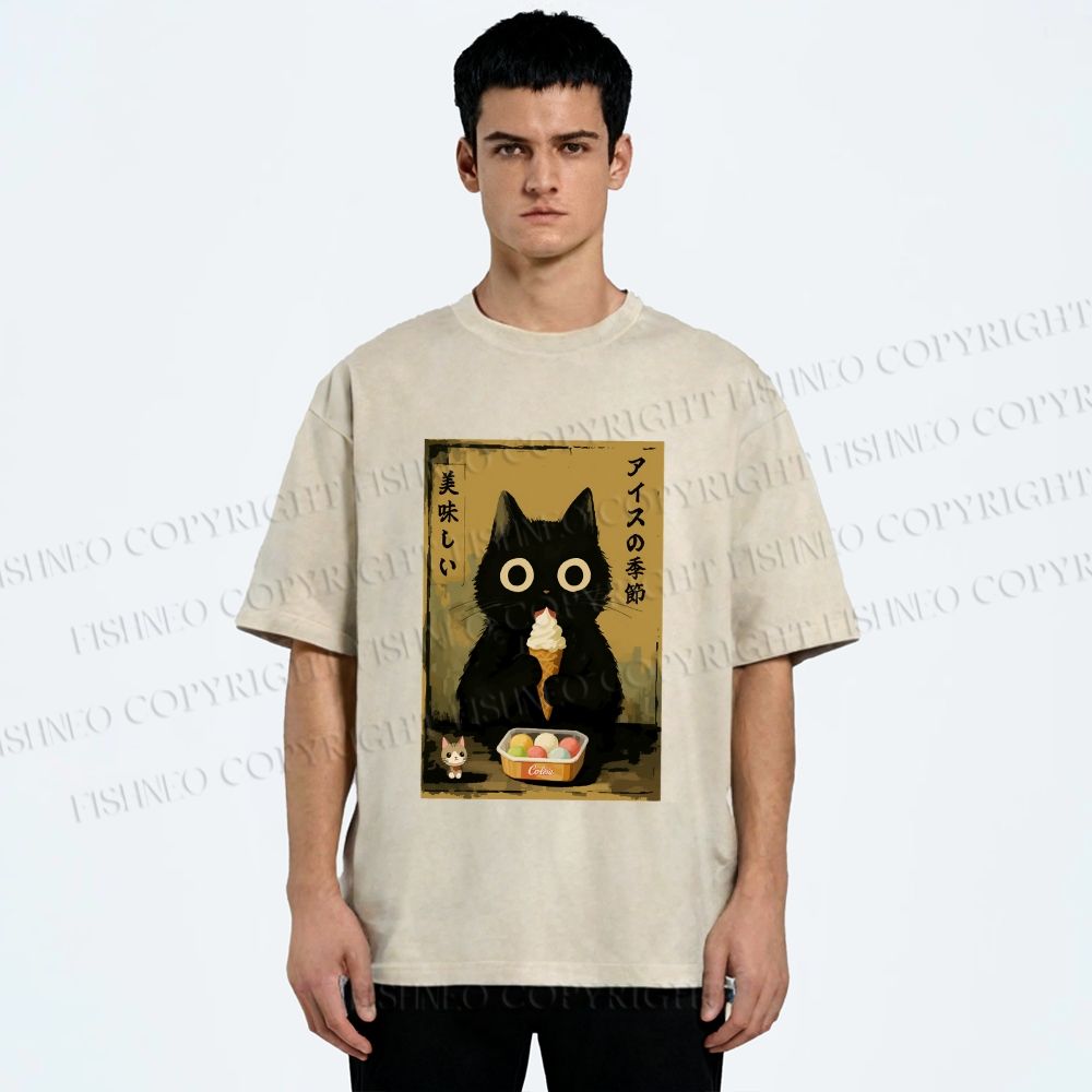 Unisex Ice Cream Season Cat Printed Washed Tee