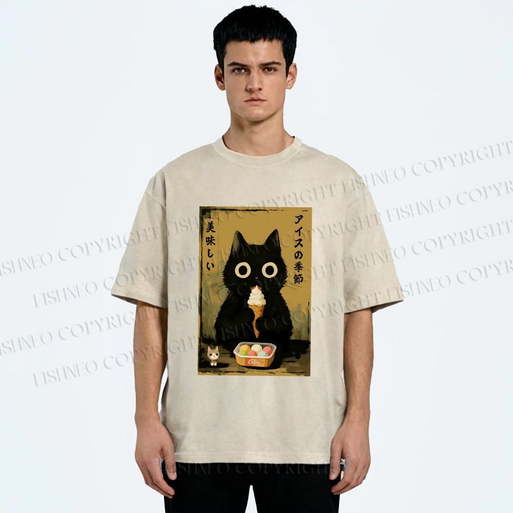 Unisex Ice Cream Season Cat Printed Washed Tee