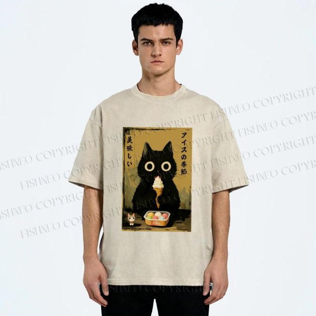 Unisex Ice Cream Season Cat Printed Washed Tee