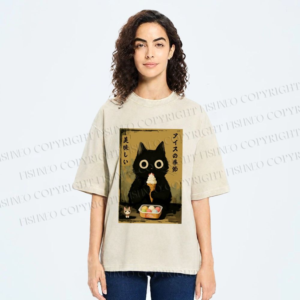Unisex Ice Cream Season Cat Printed Washed Tee