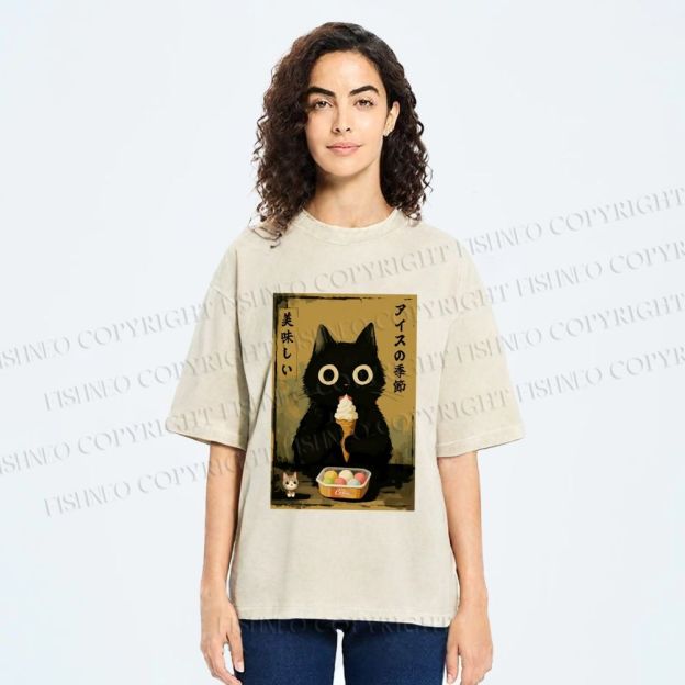 Unisex Ice Cream Season Cat Printed Washed Tee