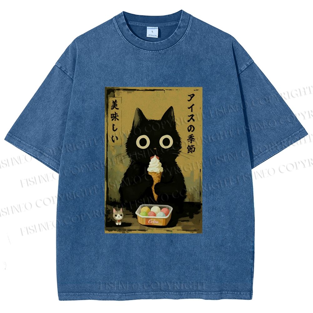 Unisex Ice Cream Season Cat Printed Washed Tee