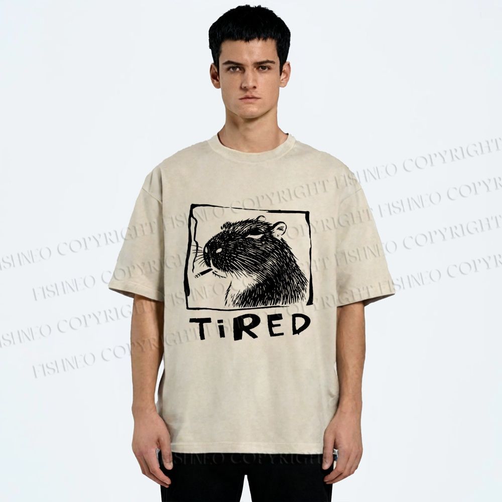 Unisex Tired Capybara Printed Washed Tee