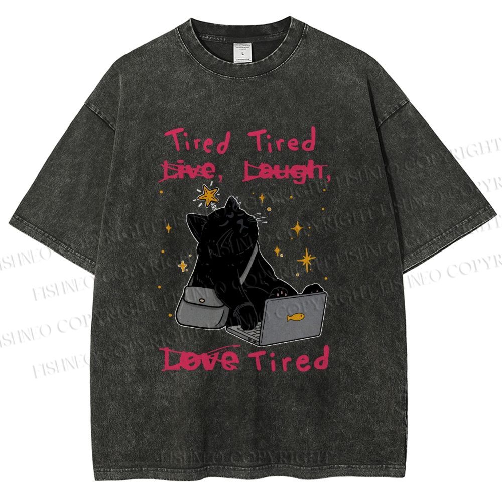 Unisex Tired Cat Vibes Printed Washed Tee
