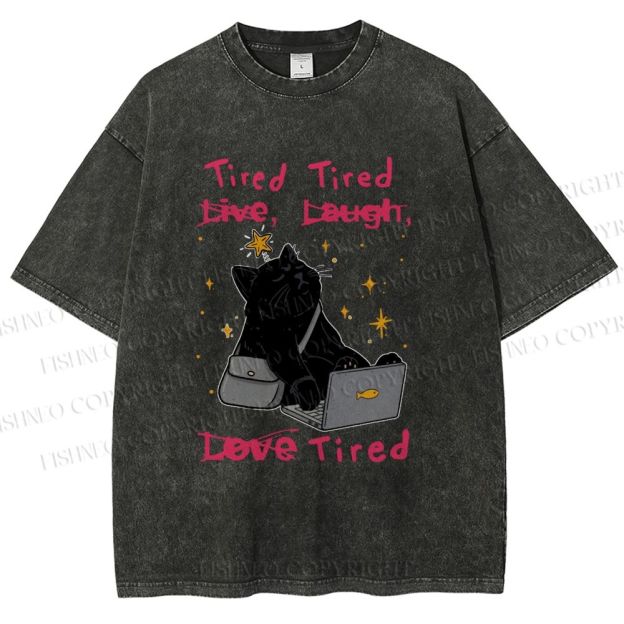 Unisex Tired Cat Vibes Printed Washed Tee